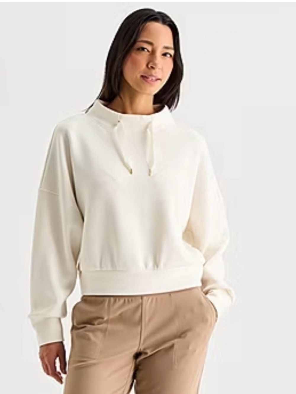 STYLUS funnel neck dolman sleeve drawstring pullover in cream